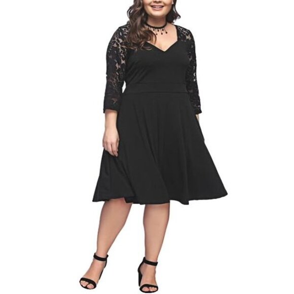 Women's V-Neck Back Zip Lace 3/4 Sleeve Knee Length A-Line Skater Dress - Picture 3 of 6